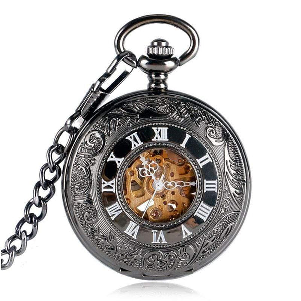 Planet Gates Antique Auto Mechanical Skeleton Pocket Watch See Though Face Retro Steampunk Fashion Pendant with Fob Chain Male Clock