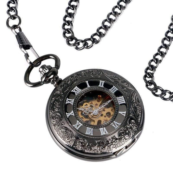 Planet Gates Antique Auto Mechanical Skeleton Pocket Watch See Though Face Retro Steampunk Fashion Pendant with Fob Chain Male Clock