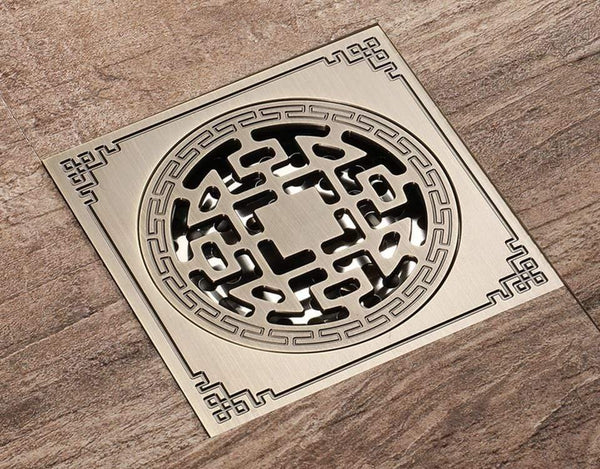 Planet Gates Antique Brass Carved 10cm*10cm Floor Drain Square Bath Drains Filter Bathroom Balcony Kitchen Drainer Accessories Y38088 (Y38088)