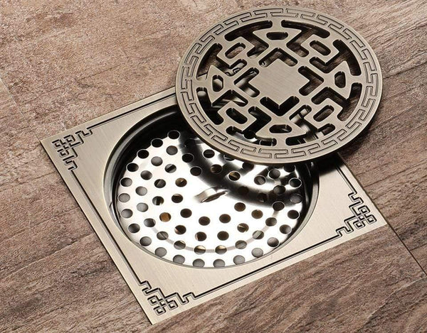Planet Gates Antique Brass Carved 10cm*10cm Floor Drain Square Bath Drains Filter Bathroom Balcony Kitchen Drainer Accessories Y38088 (Y38088)