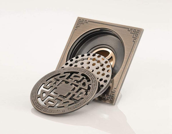 Planet Gates Antique Brass Carved 10cm*10cm Floor Drain Square Bath Drains Filter Bathroom Balcony Kitchen Drainer Accessories Y38088 (Y38088)