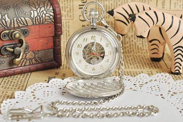 Planet Gates Antique Silver Double Openable Case Mechanical Men Pocket Watch