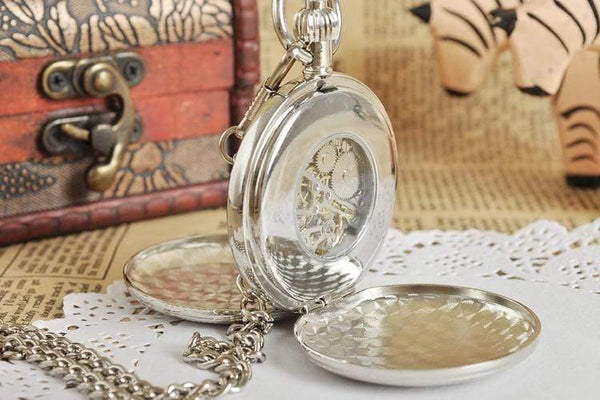 Planet Gates Antique Silver Double Openable Case Mechanical Men Pocket Watch
