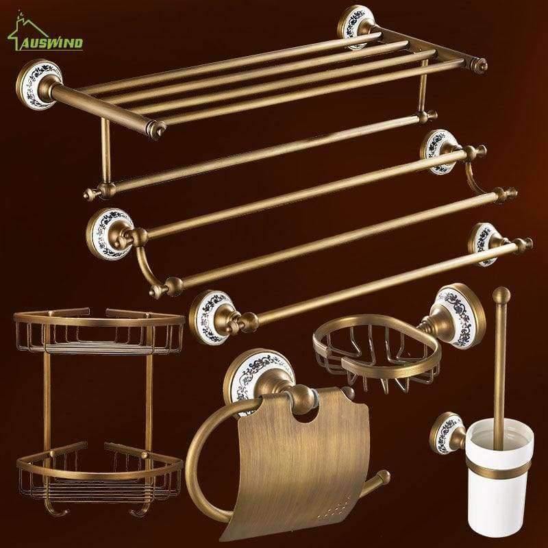 Planet Gates Antique Solid Brass Bath Hardware Sets Wall Mounted Bathroom Accessories Set Bronze Ceramic Base Brushed Bathroom Products Q1