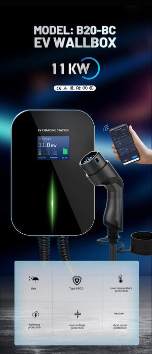 Planet Gates APP EV Charger Electric Vehicle Charging Station Wi-Fi Bluetooth EVSE Wallbox Remote Control Type 2 Cable16A 3Phase IEC 62196-2