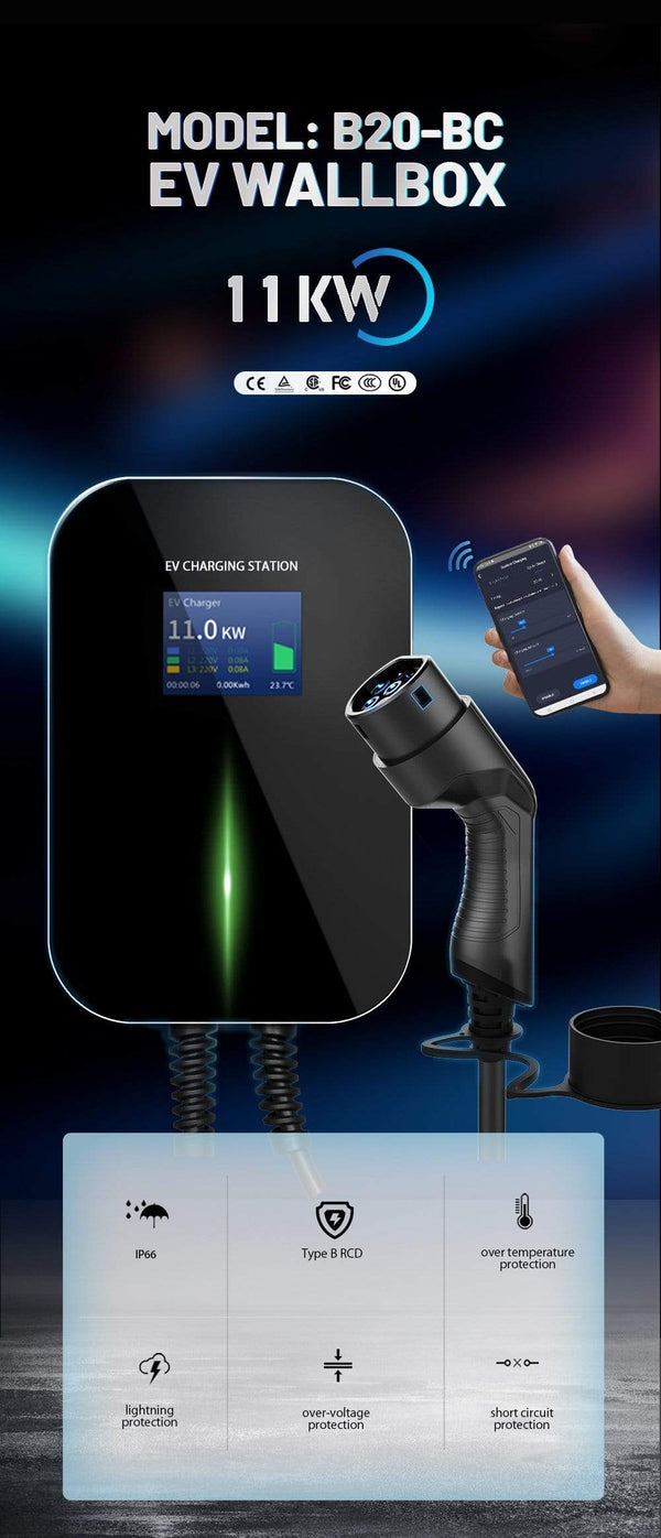 Planet Gates APP EV Charger Electric Vehicle Charging Station Wi-Fi Bluetooth EVSE Wallbox Remote Control Type 2 Cable16A 3Phase IEC 62196-2