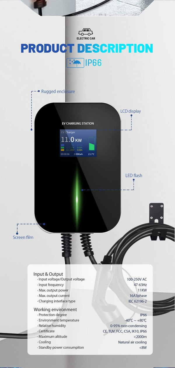 Planet Gates APP EV Charger Electric Vehicle Charging Station Wi-Fi Bluetooth EVSE Wallbox Remote Control Type 2 Cable16A 3Phase IEC 62196-2
