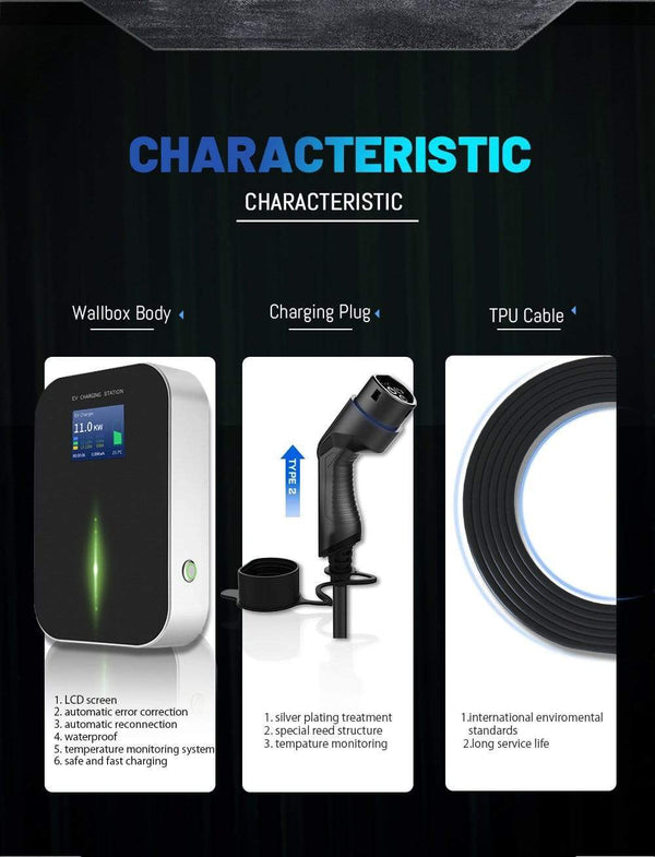 Planet Gates APP EV Charger Electric Vehicle Charging Station Wi-Fi Bluetooth EVSE Wallbox Remote Control Type 2 Cable16A 3Phase IEC 62196-2