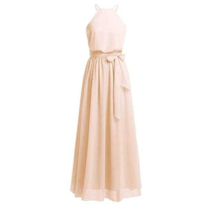 Planet Gates Apricot / 4 Women Ladies Sleeveless Halter Chiffon Bridesmaid Dresses Full Length Prom Gown Pleated A-Line Long Wedding Party Dress