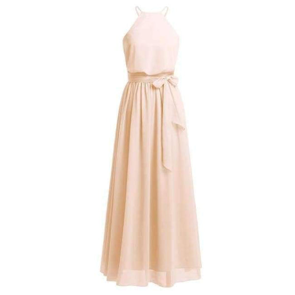 Planet Gates Apricot / 4 Women Ladies Sleeveless Halter Chiffon Bridesmaid Dresses Full Length Prom Gown Pleated A-Line Long Wedding Party Dress