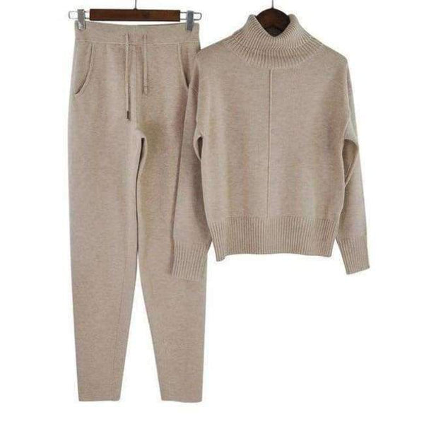 Planet Gates APRICOT / L Autumn Winter Warm Woolen and Cashmere Knitted Suits Loose Turtleneck Sweater + Wide Leg Cashmere Pants Two-piece Set Knit