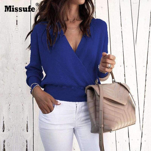 Planet Gates Apricot / L Sexy Deep V Neck Long Sleeve Tops Knitted Women Sweater Winter Casual Pullovers Female Jumpers Autumn Sweaters