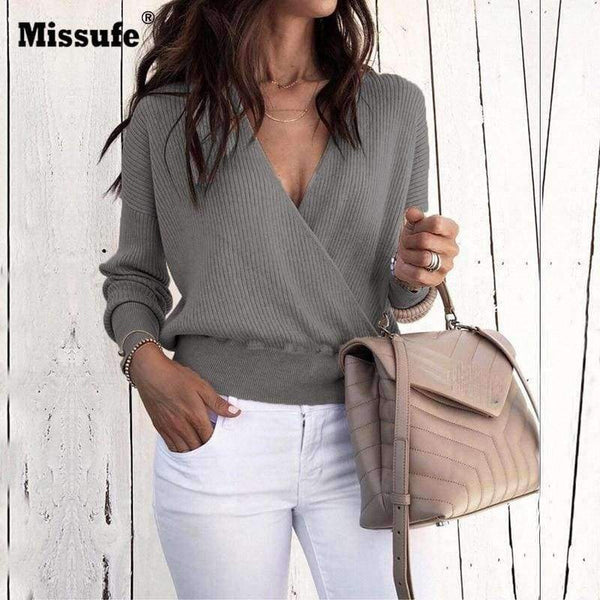 Planet Gates Apricot / L Sexy Deep V Neck Long Sleeve Tops Knitted Women Sweater Winter Casual Pullovers Female Jumpers Autumn Sweaters