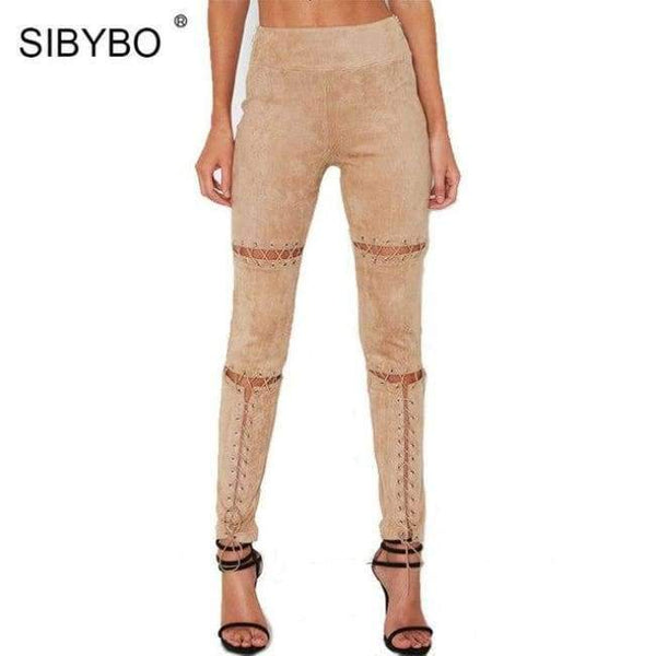 Planet Gates Apricot / L Suede Leather Pants 2018 New Autumn High Waist Lace Up Stretch Skinny Bodycon Pencil Leggings Pants Bandage Pants Women