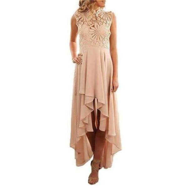 Planet Gates apricot prom dress / S / China Floral Lace Bodice High Low Evening Party Dresses High Neck Sleeveless Sheer Flowy Draped Maxi Dress for Social Events
