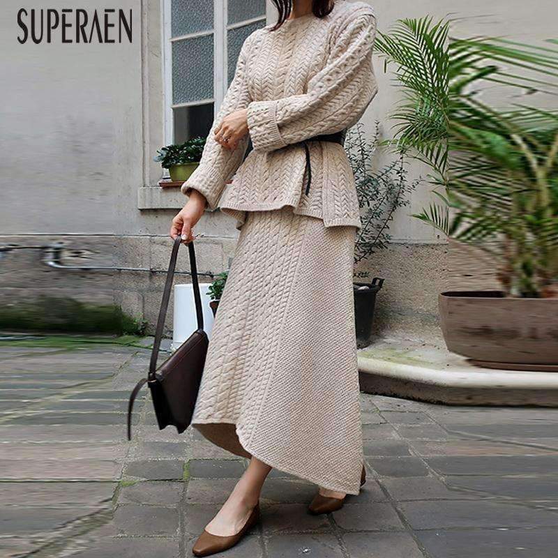 Planet Gates apricot / S Fashion Knit Women's Sets Autumn and Winter 2018 New Korean Style Pullovers Sweater Loose Skirts Two Pieces Female