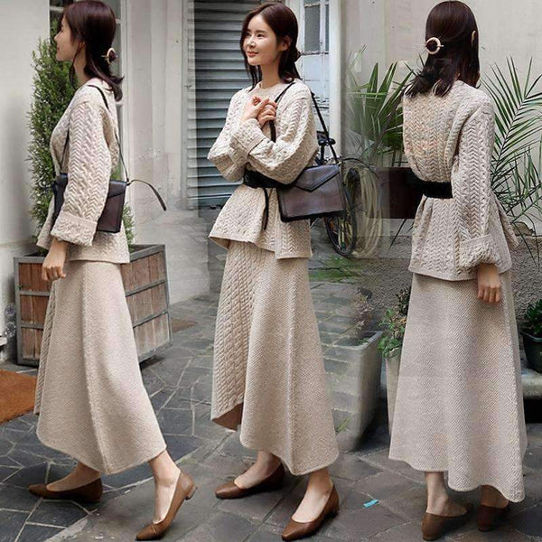 Planet Gates apricot / S Fashion Knit Women's Sets Autumn and Winter 2018 New Korean Style Pullovers Sweater Loose Skirts Two Pieces Female