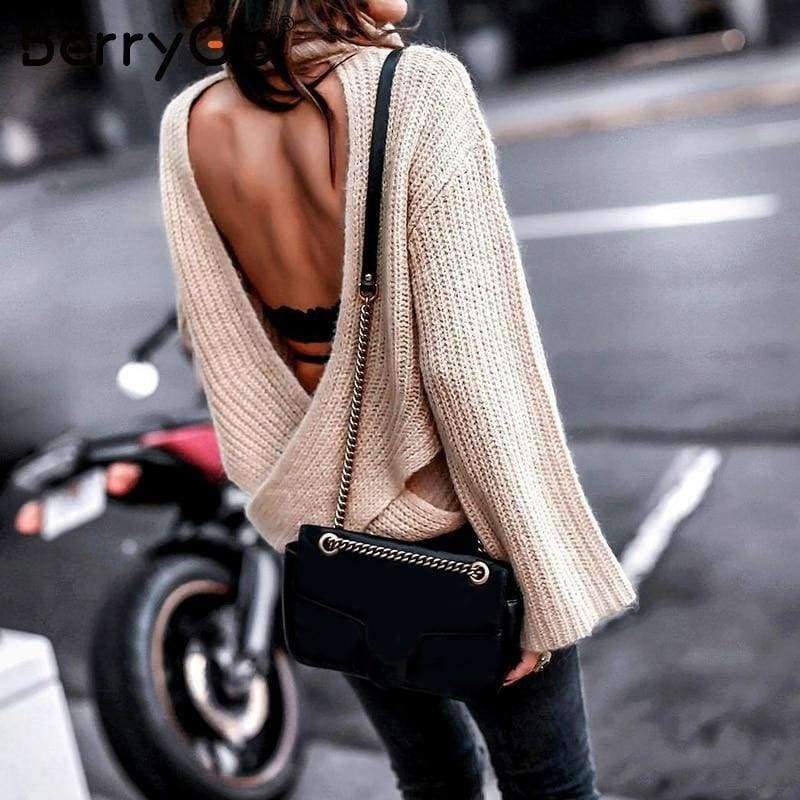 Planet Gates Apricot / S Sexy backless cross knitted sweater Women turtleneck batwing sleeve 2018 Autumn winter casual loose pullover jumper