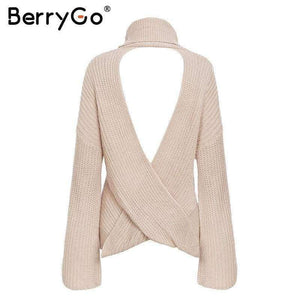 Planet Gates Apricot / S Sexy backless cross knitted sweater Women turtleneck batwing sleeve 2018 Autumn winter casual loose pullover jumper