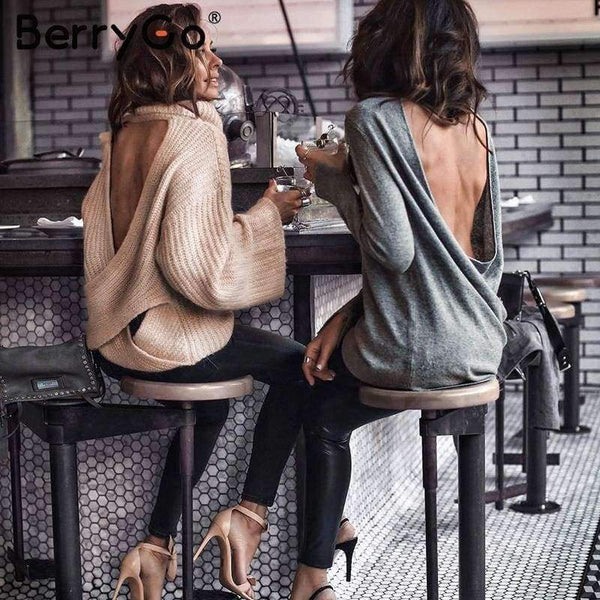 Planet Gates Apricot / S Sexy backless cross knitted sweater Women turtleneck batwing sleeve 2018 Autumn winter casual loose pullover jumper