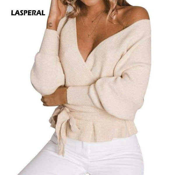 Planet Gates Apricot / S Women Off Shoulder V Neck Twisted Sweater Womens Backless Jumpers Pullovers Casual Tops Long Sleeve Knitted Sweaters XL