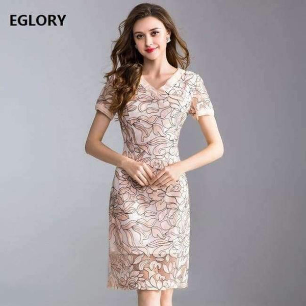 Planet Gates apricot / XL Womens Fashion Summer Party Event Dress 2018 Ladies V-Neck Allover Exquisite Embroidery Lace up Dress Knee Length