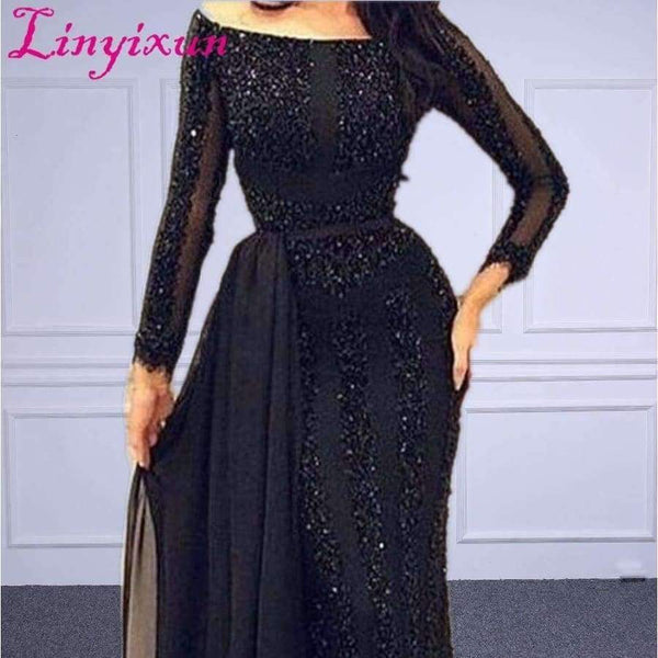 Planet Gates Arabic Muslim Evening Dress Long sleeve Beading Black Formal Prom Dress Custom Made Evening Party Gown