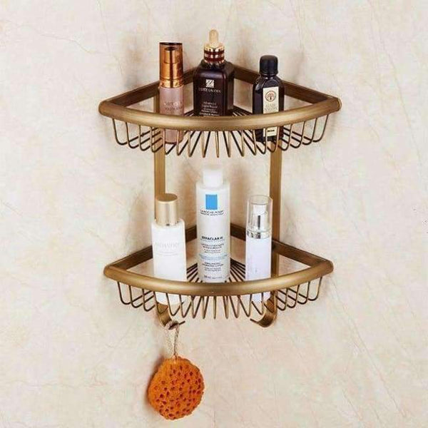 Planet Gates Archaize Double Bathroom Shelves Pure Copper Corner Triangle Basket Single Double Layer With Hooks Cosmetic Rack Shower Shampoo Accessorie