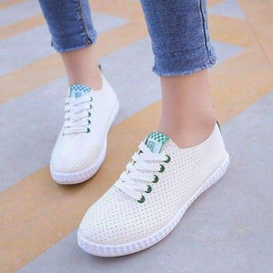 Planet Gates Army Green / 6 Women White Shoes Casual Flats PU Leather Lace-up Hollow-out Breathable Sneakers Vulcanize Shoes 8H0269