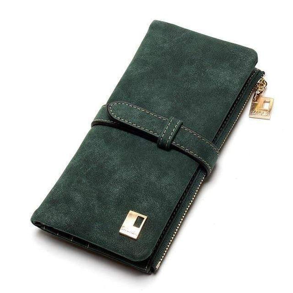 Planet Gates Army Green Fashion Women Wallets Drawstring Nubuck Leather Zipper Wallet Women's Long Design Purse Two Fold More Color Clutch