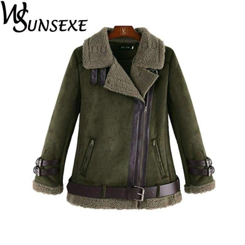 Planet Gates Army Green / L Leather Suede Jacket Coat Women New Winter Warm Lamb Wool Zipper Stand Collar Black Motorcycle Jackets Thick Bomber Outwear