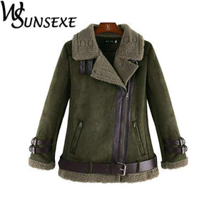 Planet Gates Army Green / L Leather Suede Jacket Coat Women New Winter Warm Lamb Wool Zipper Stand Collar Black Motorcycle Jackets Thick Bomber Outwear