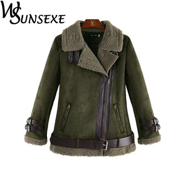 Planet Gates Army Green / L Leather Suede Jacket Coat Women New Winter Warm Lamb Wool Zipper Stand Collar Black Motorcycle Jackets Thick Bomber Outwear