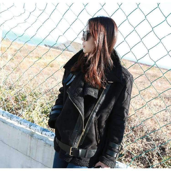 Planet Gates Army Green / L Leather Suede Jacket Coat Women New Winter Warm Lamb Wool Zipper Stand Collar Black Motorcycle Jackets Thick Bomber Outwear