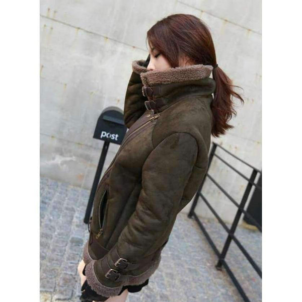 Planet Gates Army Green / L Leather Suede Jacket Coat Women New Winter Warm Lamb Wool Zipper Stand Collar Black Motorcycle Jackets Thick Bomber Outwear