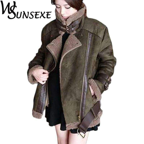 Planet Gates Army Green / L Leather Suede Jacket Coat Women New Winter Warm Lamb Wool Zipper Stand Collar Black Motorcycle Jackets Thick Bomber Outwear