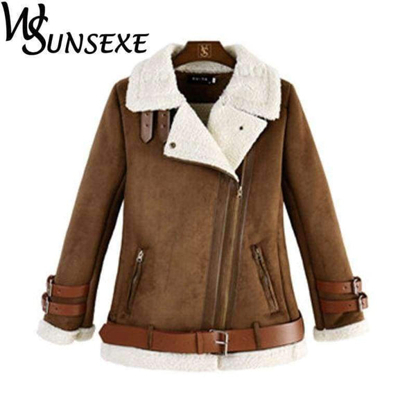 Planet Gates Army Green / L Leather Suede Jacket Coat Women New Winter Warm Lamb Wool Zipper Stand Collar Black Motorcycle Jackets Thick Bomber Outwear