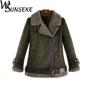Planet Gates Army Green / L Leather Suede Jacket Coat Women New Winter Warm Lamb Wool Zipper Stand Collar Black Motorcycle Jackets Thick Bomber Outwear