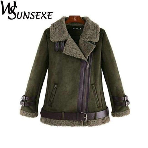 Planet Gates Army Green / L Leather Suede Jacket Coat Women New Winter Warm Lamb Wool Zipper Stand Collar Black Motorcycle Jackets Thick Bomber Outwear