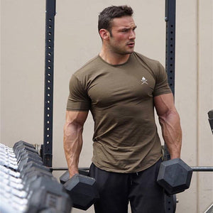 Men Short Sleeve Solid T-shirt Gyms Fitness Bodybuilding Cotton Tops Male Casual Fashion Tight Tee Jogger Workout Brand Clothing