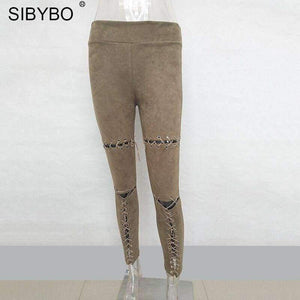 Planet Gates Army Green / L Suede Leather Pants 2018 New Autumn High Waist Lace Up Stretch Skinny Bodycon Pencil Leggings Pants Bandage Pants Women