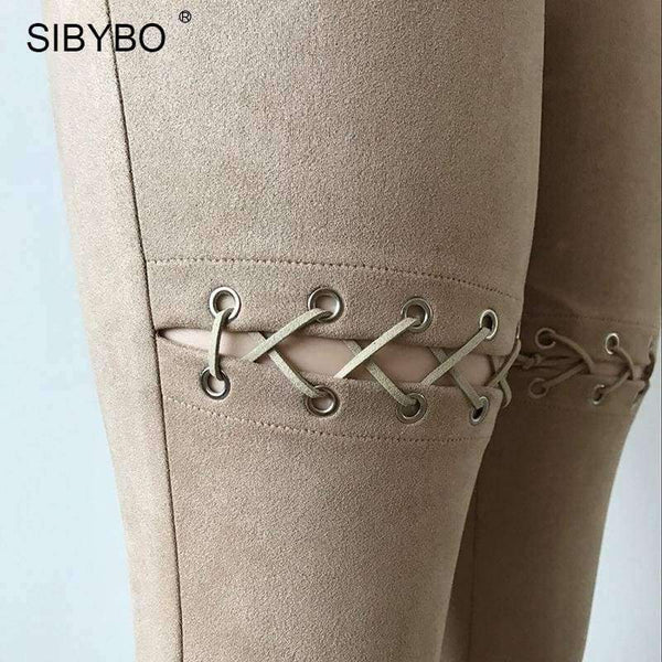 Planet Gates Army Green / L Suede Leather Pants 2018 New Autumn High Waist Lace Up Stretch Skinny Bodycon Pencil Leggings Pants Bandage Pants Women