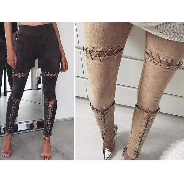 Planet Gates Army Green / L Suede Leather Pants 2018 New Autumn High Waist Lace Up Stretch Skinny Bodycon Pencil Leggings Pants Bandage Pants Women