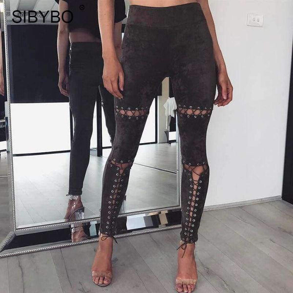 Planet Gates Army Green / L Suede Leather Pants 2018 New Autumn High Waist Lace Up Stretch Skinny Bodycon Pencil Leggings Pants Bandage Pants Women