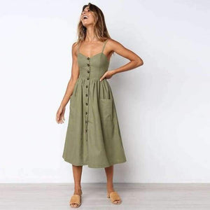 Planet Gates army green / L WHITE ISLAND 2018 New Fashion Sleeveless Backless Sexy Summer Dress Women Pure Color Single Button Off Shoulder Dress D004