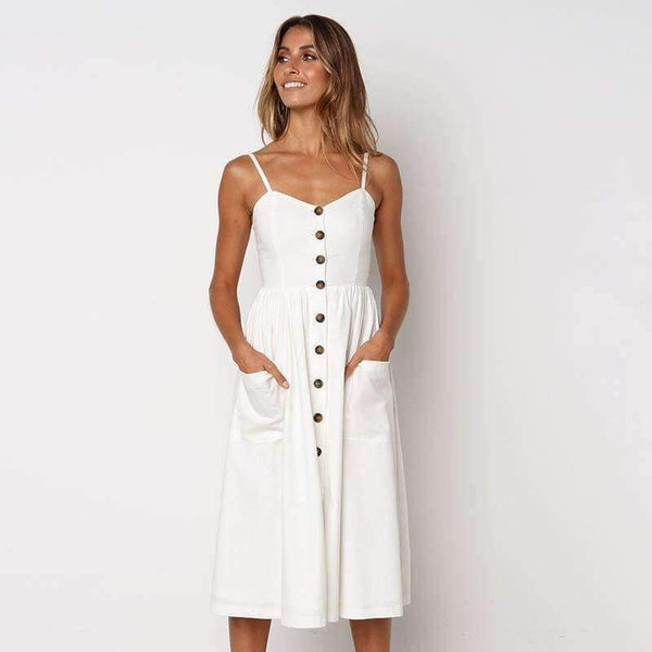 Planet Gates army green / L WHITE ISLAND 2018 New Fashion Sleeveless Backless Sexy Summer Dress Women Pure Color Single Button Off Shoulder Dress D004