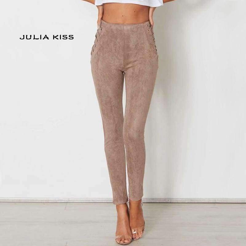 Planet Gates army green / L Women  Lace Up Side Waist Suede Leggings Sexy Legging