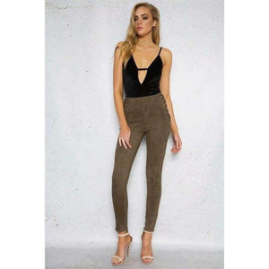 Planet Gates army green / L Women  Lace Up Side Waist Suede Leggings Sexy Legging