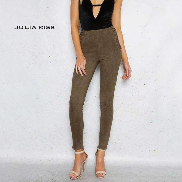 Planet Gates army green / L Women  Lace Up Side Waist Suede Leggings Sexy Legging