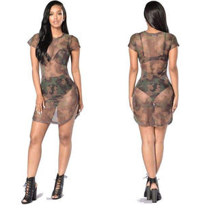 Planet Gates Army Green / L Women Summer Mini Dress Camouflage Print See Through Mesh Sexy Beach Wear Split Night Club Party Vestidos Stretch Bodycon Short